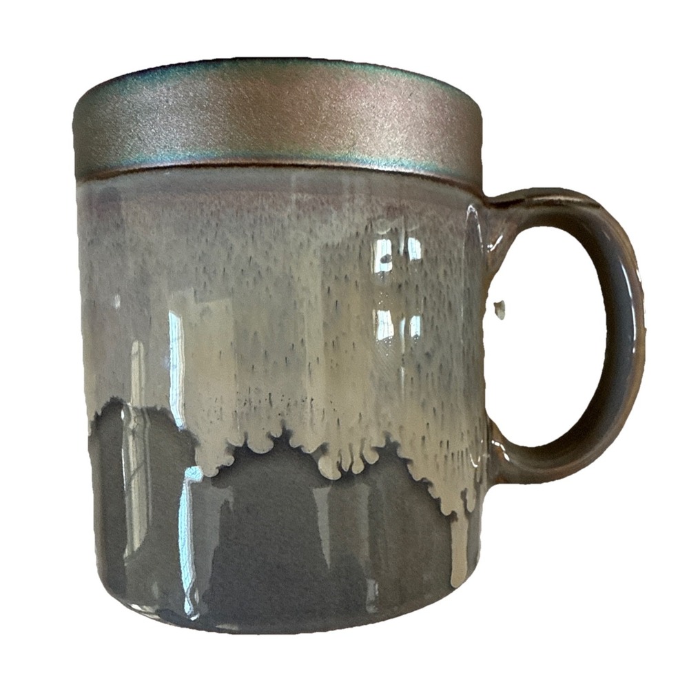 La Rochelle Coffee Mug Cup Taupe W/Pink&Green Iridescent‎  Fire Glazed Stoneware